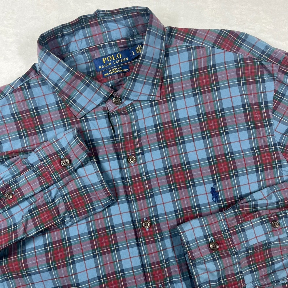 Polo Ralph Lauren Cotton Stretch Button Up Shirt Men's L Plaid Business Casual